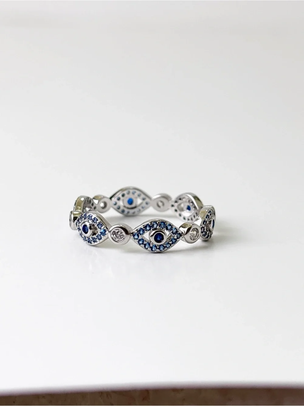 Sterling Silver Blue Evil Eye Band Ring with Cubic Zirconia